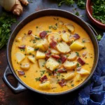two bowls filled with cajun potato soup on top of a table