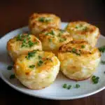 two crab cakes stacked on top of each other with cheese sauce drizzled over them