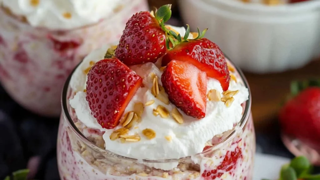 strawberry and cream overnight oats in small jars