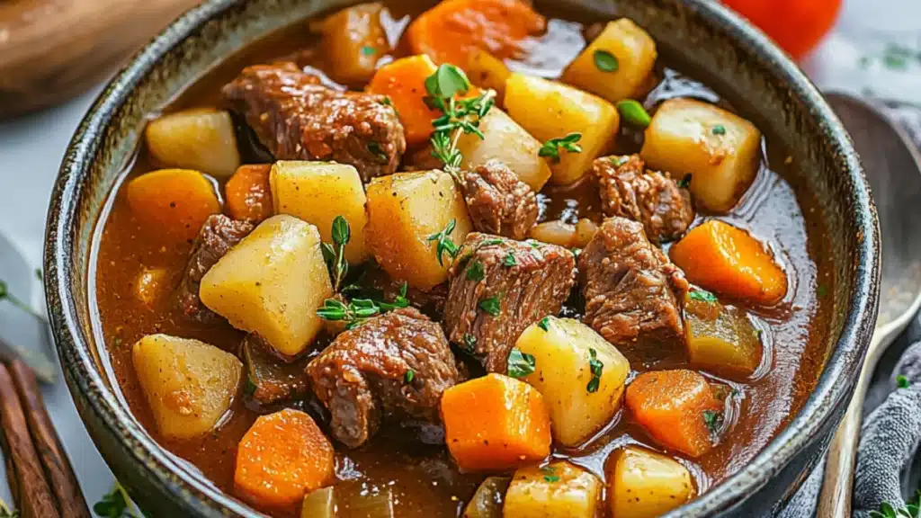 a pot filled with stew and carrots on top of a white countertop next to a wooden spoon