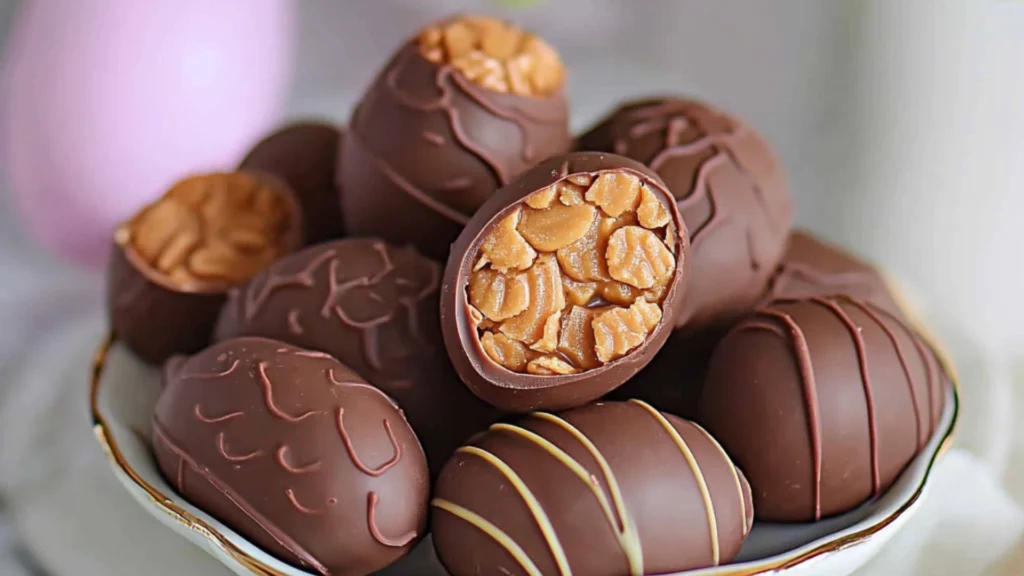 homemade butterfingered eggs on a white plate