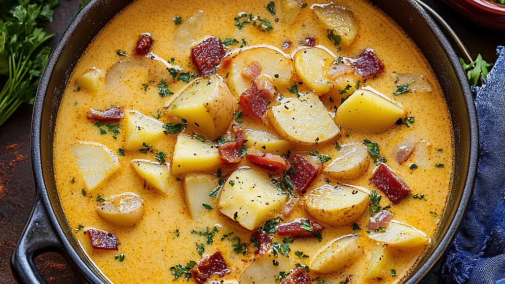 two bowls filled with cajun potato soup on top of a table