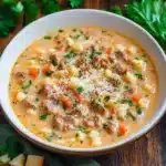a bowl of soup with meatballs and cheese in it on a table next to bread