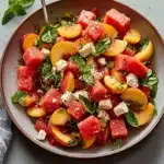 watermelon salad with mint and feta cheese in a white bowl on the side