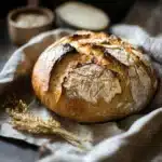 the bread has been sliced and is ready to be eaten with text overlay that reads traditional german rustic bread loaf