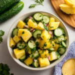 pineapple cucumber salad in two white bowls with green lettering on the side