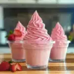 strawberry dole whip in a plastic cup with strawberries on top