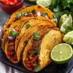 the crock pot burrito tacos are served with salsa and lime wedges