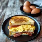 a grilled egg and bacon sandwich stacked on top of each other with parsley