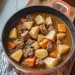 a pot filled with stew and carrots on top of a white countertop next to a wooden spoon