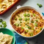 a hand holding a tortilla chip over a bowl of chili and cheese dip