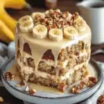 two slices of heavenly banana walnut cream cake