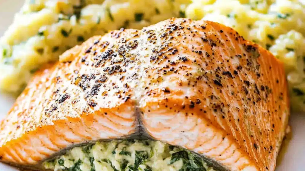 grilled salmon with spinach sauce on a white plate and an orange border over the top