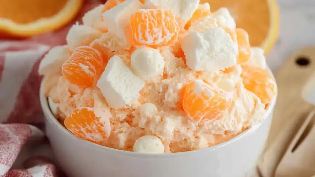 orange fluff in a white bowl next to some oranges