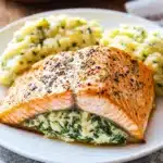 grilled salmon with spinach sauce on a white plate and an orange border over the top