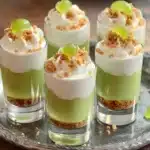 three small desserts with lime slices and whipped cream on top, sitting next to each other