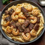 shrimp and steak alfredo pasta in a white bowl