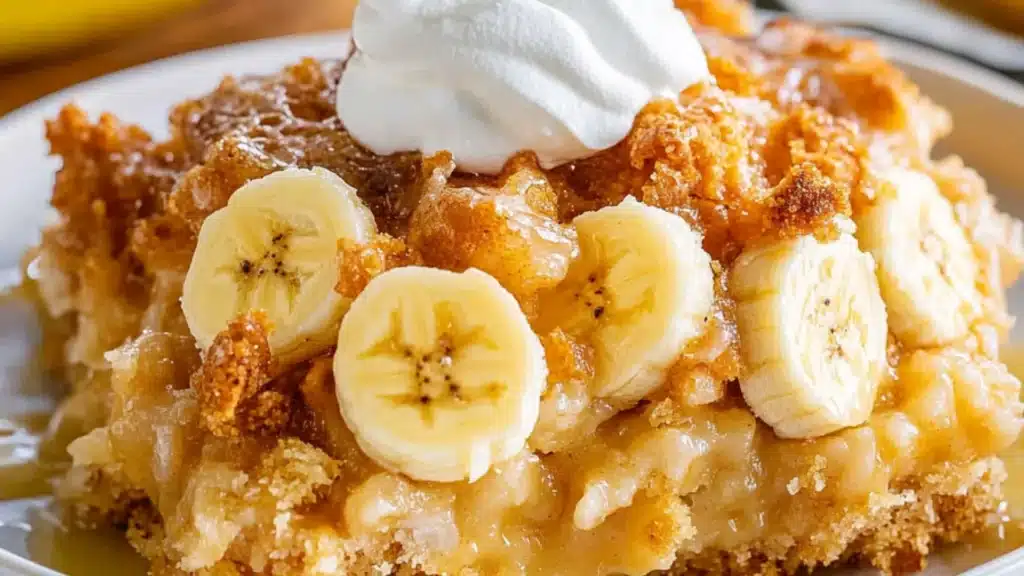 a close up of a plate of food with bananas and whipped cream on it next to a glass of milk