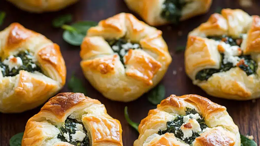 several different types of breads with spinach on top