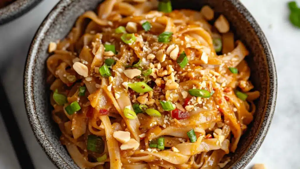a white bowl filled with noodles and topped with green onions next to chopsticks