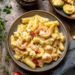 two bowls filled with shrimp and pasta on top of a table