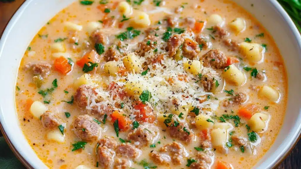 a bowl of soup with meatballs and cheese in it on a table next to bread