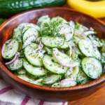 cucumber salad in a glass bowl with a wooden spoon next to it and the words quick & creamy cucumber salad