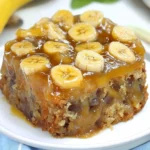 banana upside down cake with ice cream on top and bananas in the background text reads, banana upside down cake
