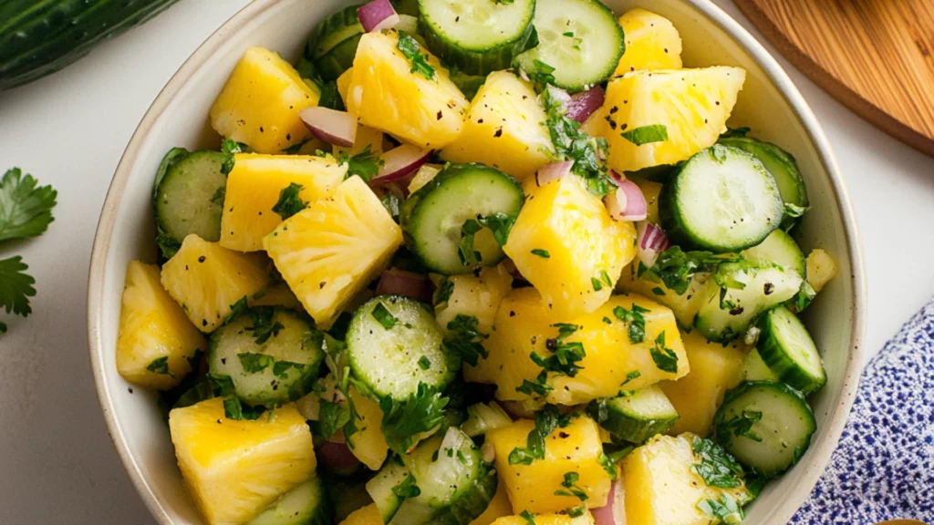pineapple cucumber salad in two white bowls with green lettering on the side