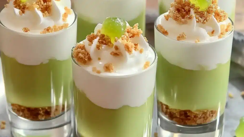 three small desserts with lime slices and whipped cream on top, sitting next to each other