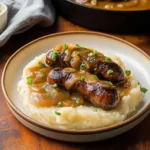 sausages and mash with guinness gravy in a skillet