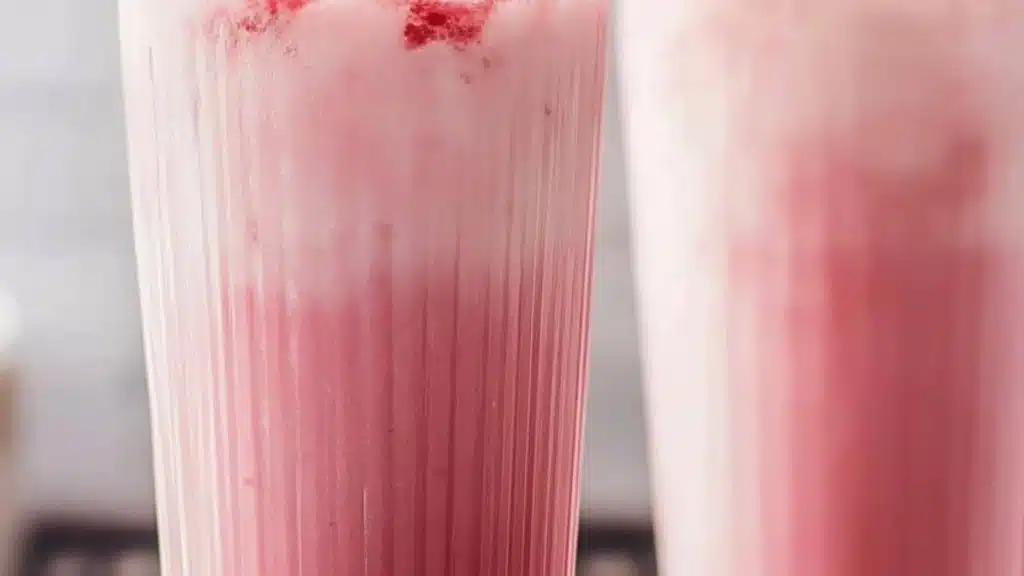 pink coconut iced latte with whipped cream and sprinkles on the side