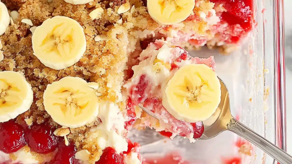 this banana split dump cake has strawberries and bananas on top