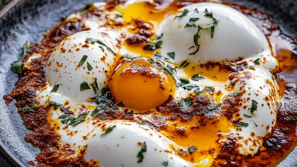 two plates filled with different types of food on top of each other and the words turkish eggs above them