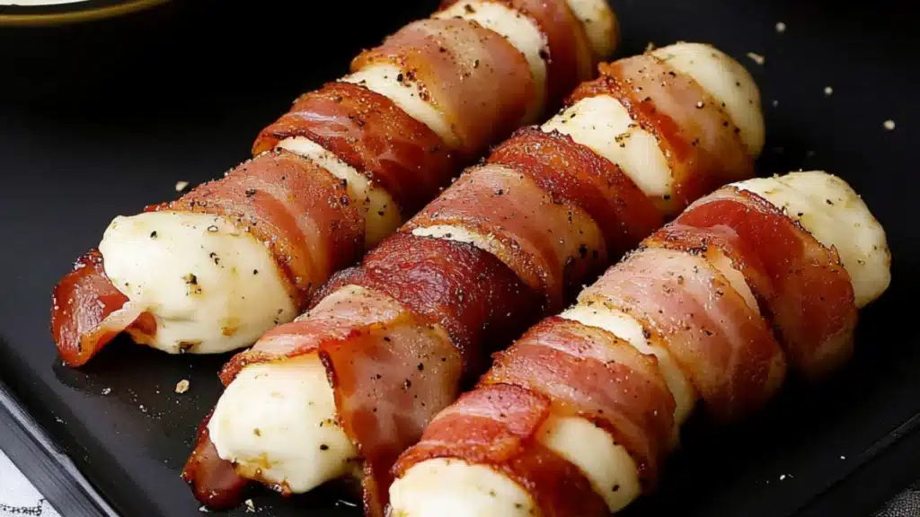 bacon wrapped in cheese on a black plate with dipping sauce next to the bowl full of ketchup