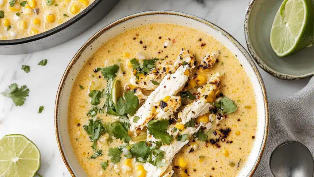 mexican street corn soup in a white bowl
