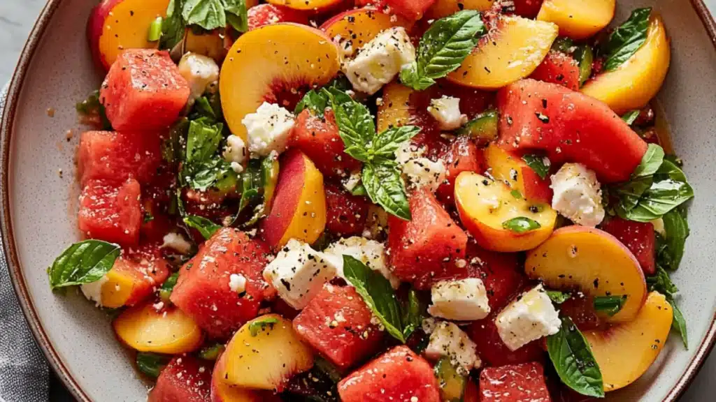 watermelon salad with mint and feta cheese in a white bowl on the side