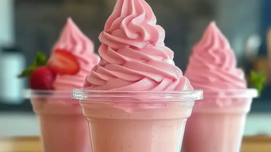 strawberry dole whip in a plastic cup with strawberries on top