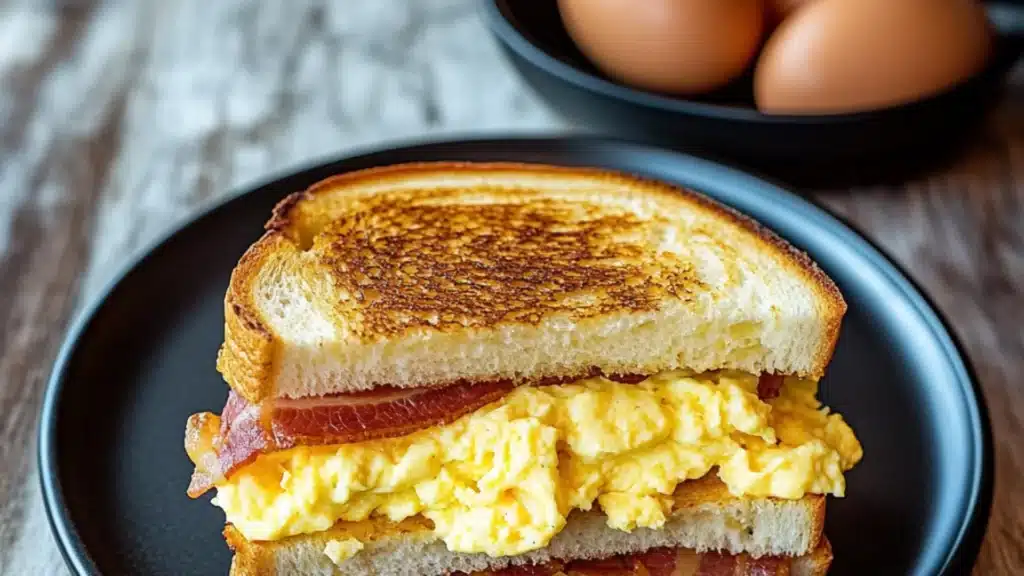 a grilled egg and bacon sandwich stacked on top of each other with parsley