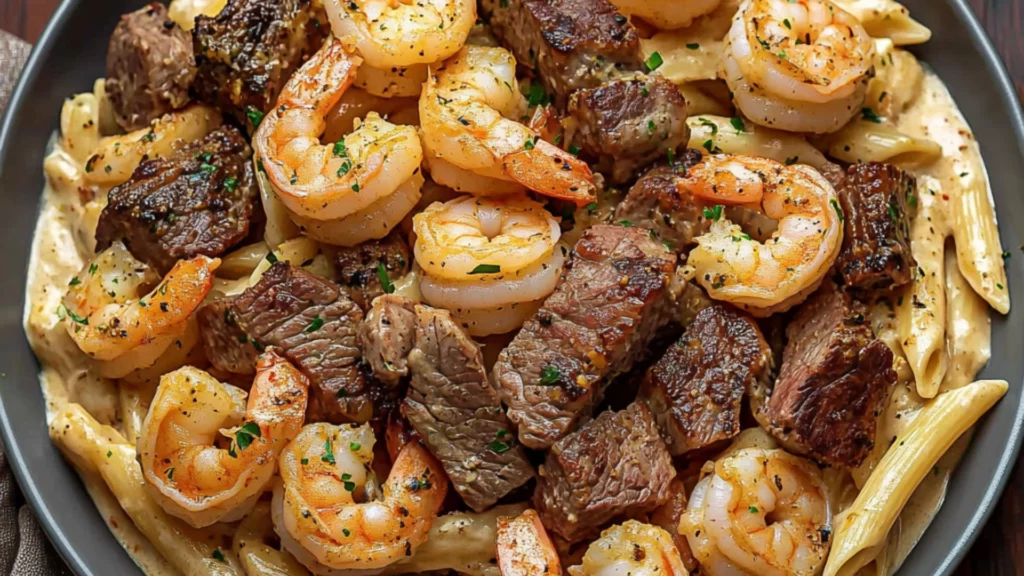 shrimp and steak alfredo pasta in a white bowl