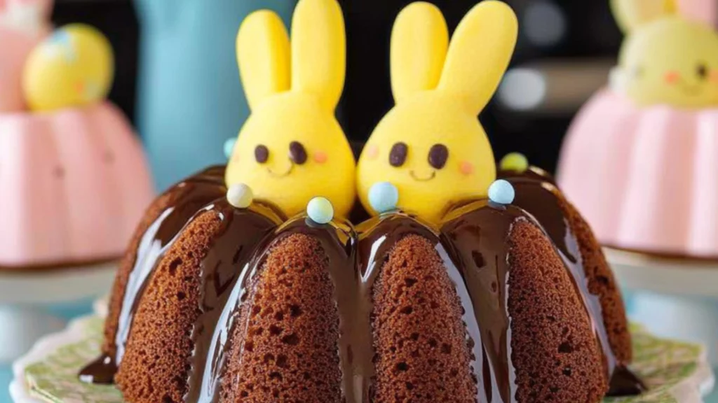 chocolate bundt cakes decorated with yellow peep holes