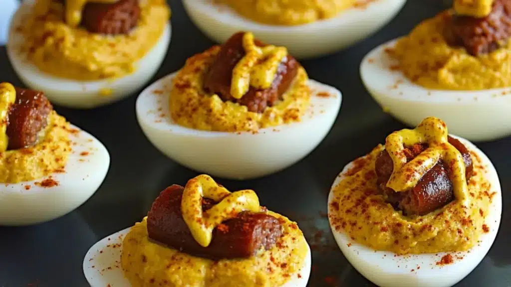 deviled eggs with hotdogs and mustard on them sitting on a black tray