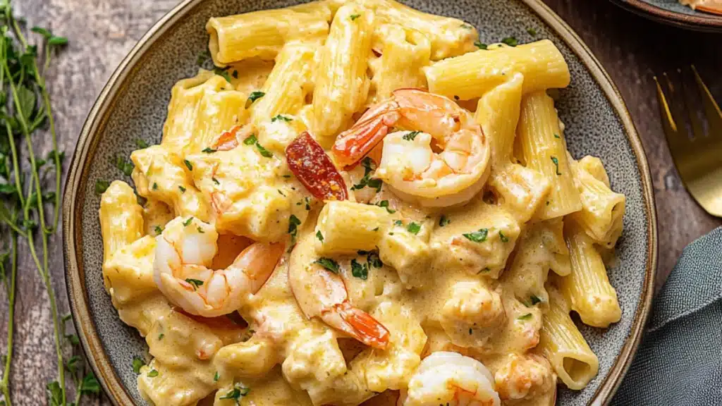 two bowls filled with shrimp and pasta on top of a table