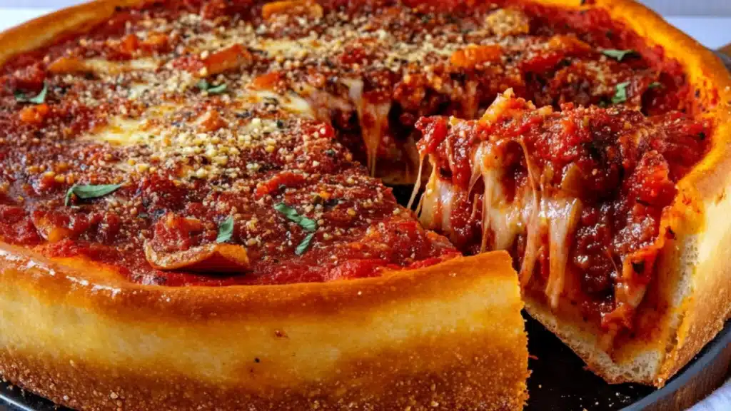 two different types of deep dish pizza on a wooden table with text overlay that reads deep dish pizza