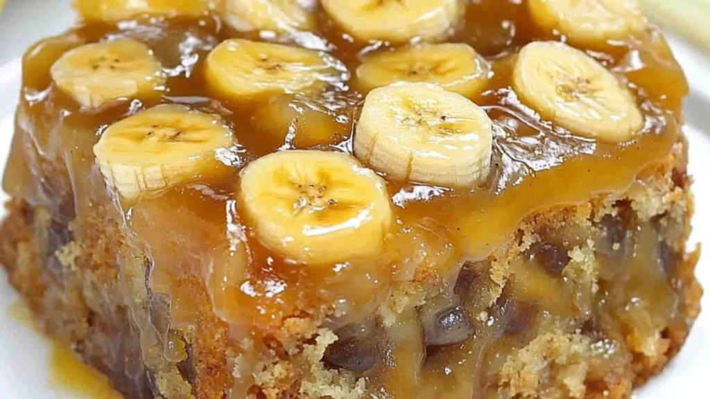 banana upside down cake with ice cream on top and bananas in the background text reads, banana upside down cake