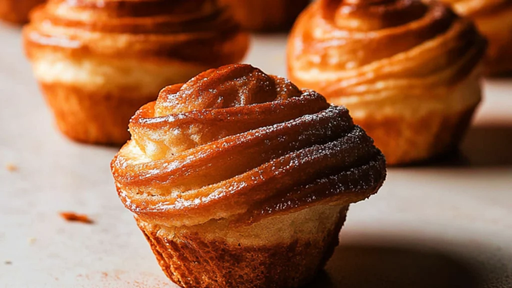 two different images of cinnamon rolls with the words churro crufffins yummy and tasty