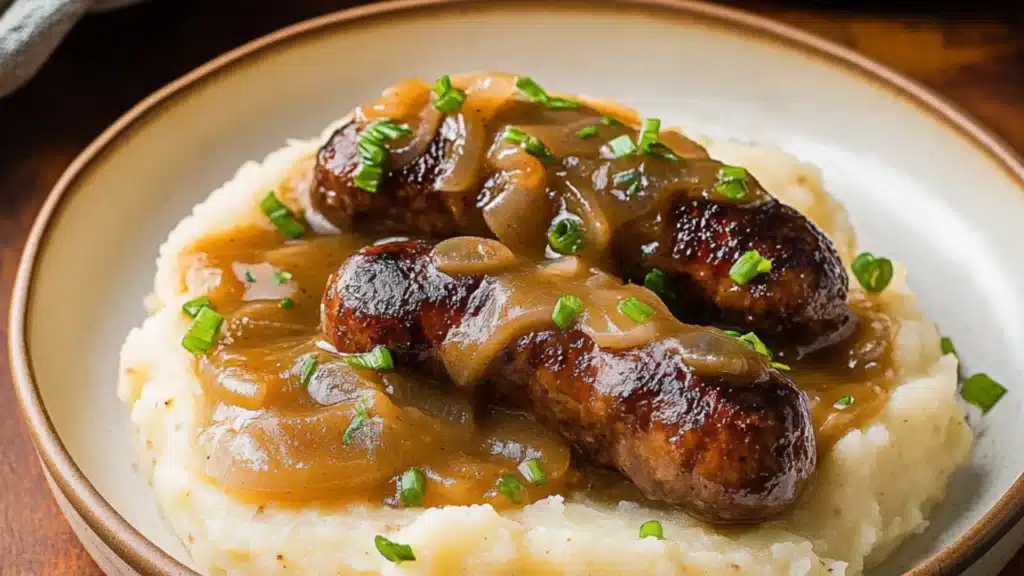 sausages and mash with guinness gravy in a skillet