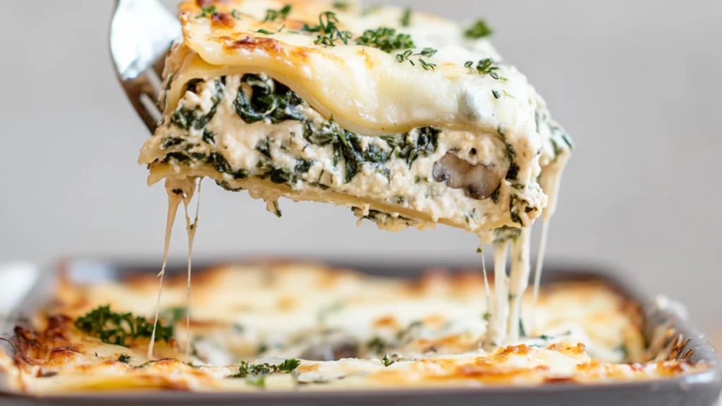 creamy spinach mushroom lasagna with cheese and herbs