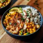 two pictures of chicken and corn with ranch dressing on top, and the words street corn chicken rice bowl