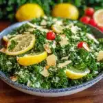 lemon parm kale salad on a white plate with spoons next to it
